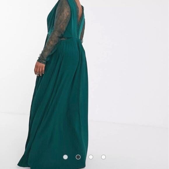 Asos Curve New Sz 16 Pleated Maxi Dress with Lace Sleeves Bridesmaid Deep Green - Picture 3 of 16